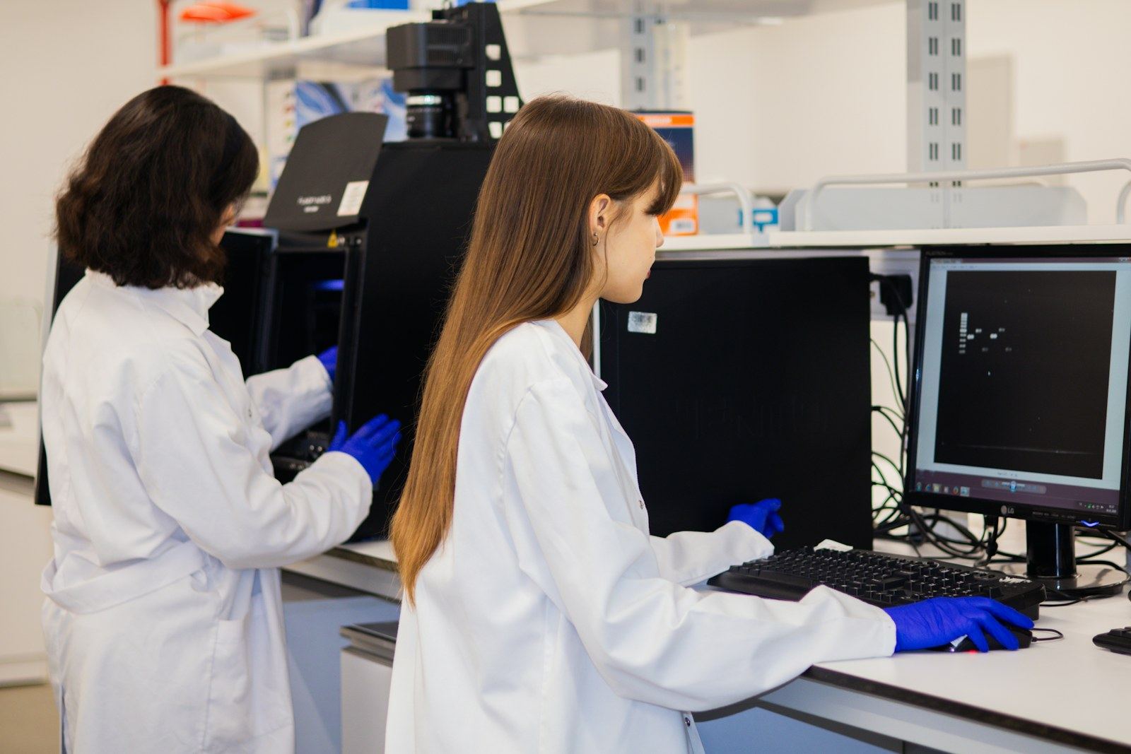Two scientists working at computers in a laboratory